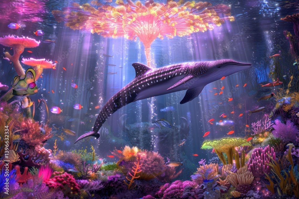 Vibrant Underwater Ecosystem: Colorful Marine Life in Serene Harmony with Shimmering Light and Peaceful Coexistence
