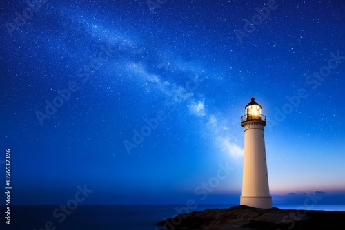 Lighthouse illuminating the dark night under the Milky Way