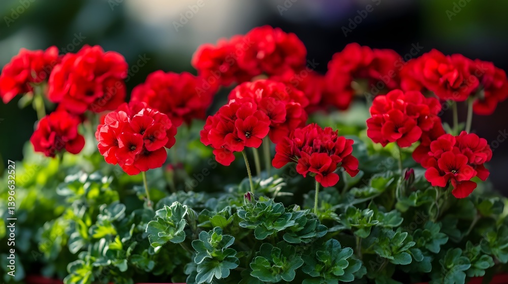Vibrant Red Geraniums with Lush Green Leaves in Garden Setting Vibrant Red Geraniums with Lush Green Leaves in Garden Setting