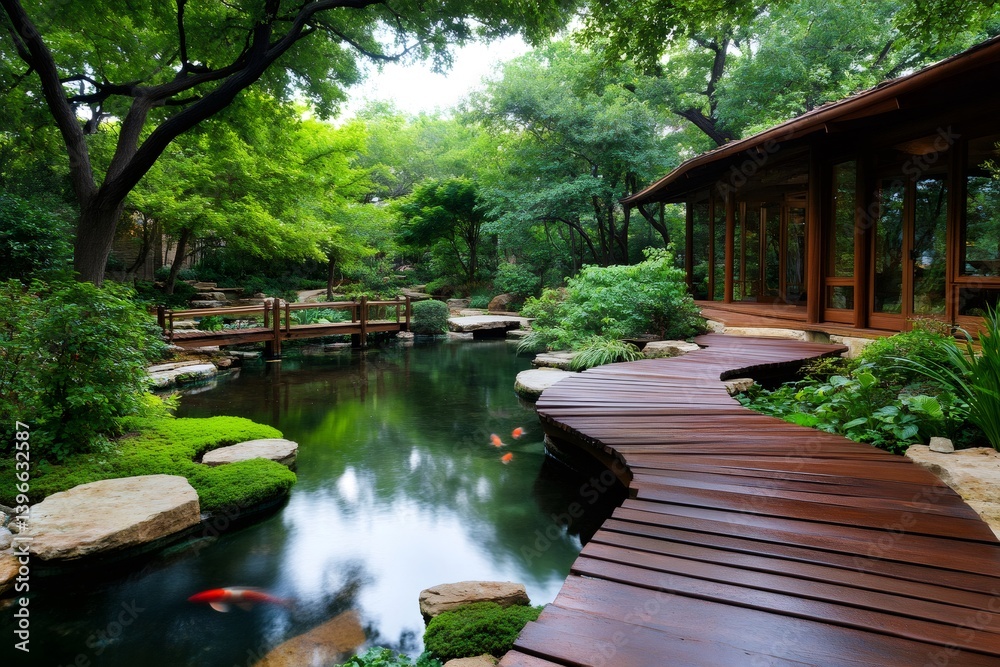 Wooden path winding over a pond in a lush japanese garden