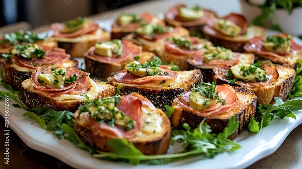 A stylish arrangement of several toasted sandwiches with different fillings, like ham and cheese and turkey and avocado, presented on a white platter with fresh greens. A stylish arrangement of several toasted sandwiches with different fillings, like ham and cheese and turkey and avocado, presented on a white platter with fresh greens.