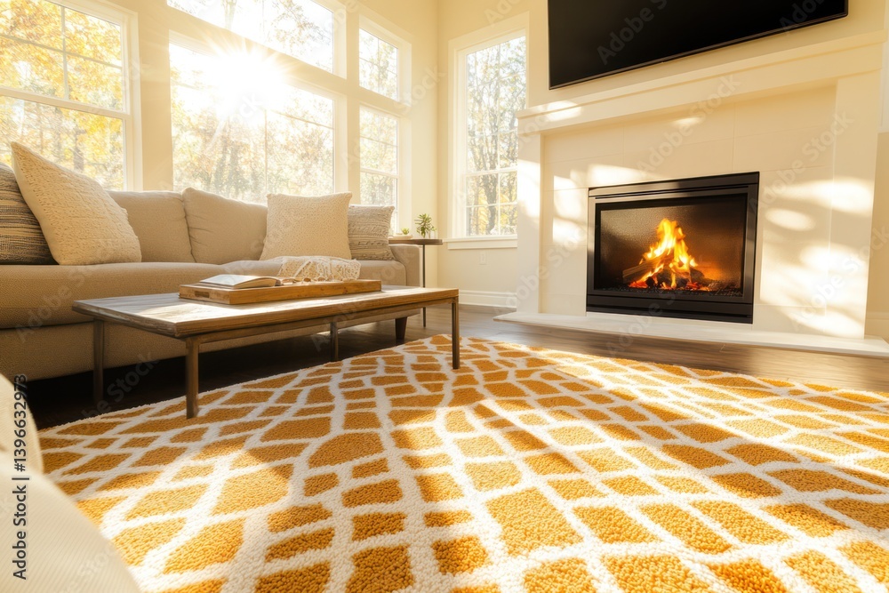 Tranquil Living Room with Fireplace, Cozy Furniture, Soft Lighting, and Serene Colors Promoting Relaxation and Comfort, Ideal for Leisurely Reading and Unwinding at Home