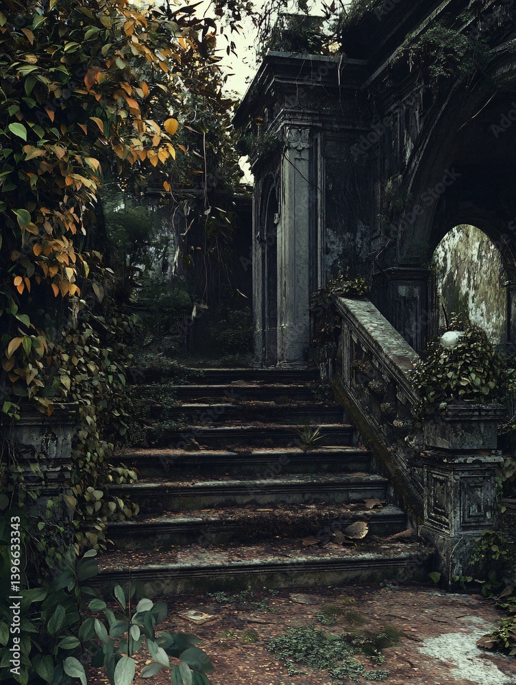 Obraz premium Overgrown Stone Staircase: Nature Reclaiming Lost Architecture
