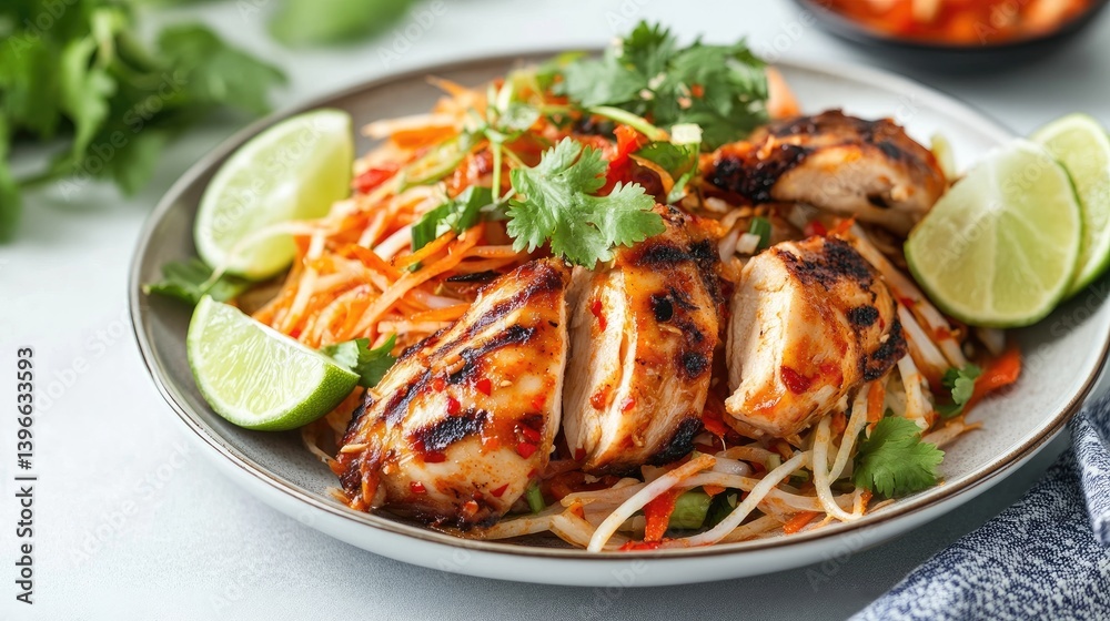A vibrant plate of spicy som tam papaya salad served with juicy, grilled chicken thighs, garnished with fresh herbs and lime wedges, set against a clean background. A vibrant plate of spicy som tam papaya salad served with juicy, grilled chicken thighs, garnished with fresh herbs and lime wedges, set against a clean background.