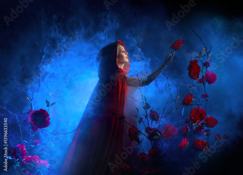 Bild auf Leinwand art photo real person gothic sexy woman queen walking in fairy tale dark night garden roses flowers bush tree hands raised to sky