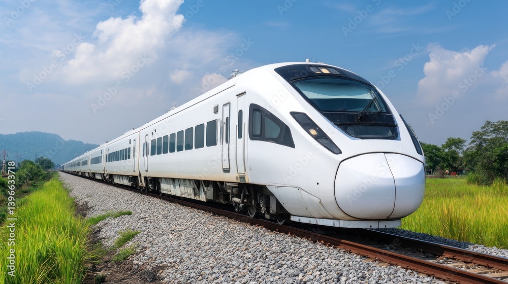 Naklejka premium High-speed train journey through lush green fields scenic railway daytime view modern transportation concept