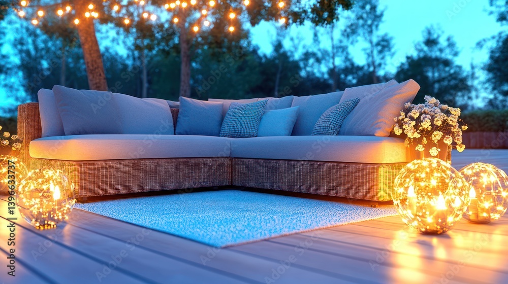 Cozy Outdoor Patio Setting with Comfortable Seating, Lush Greenery, and Soft Lighting for a Romantic Ambiance - Perfect for Relaxed Gatherings and Dinner Parties