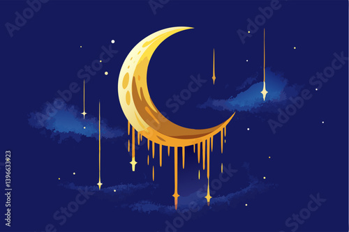 Golden Crescent Moon with Shooting Stars