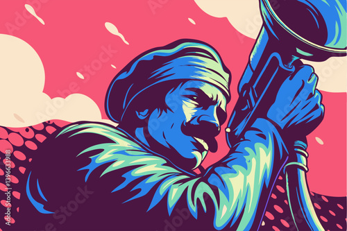 Man Playing Vintage Trumpet Illustration