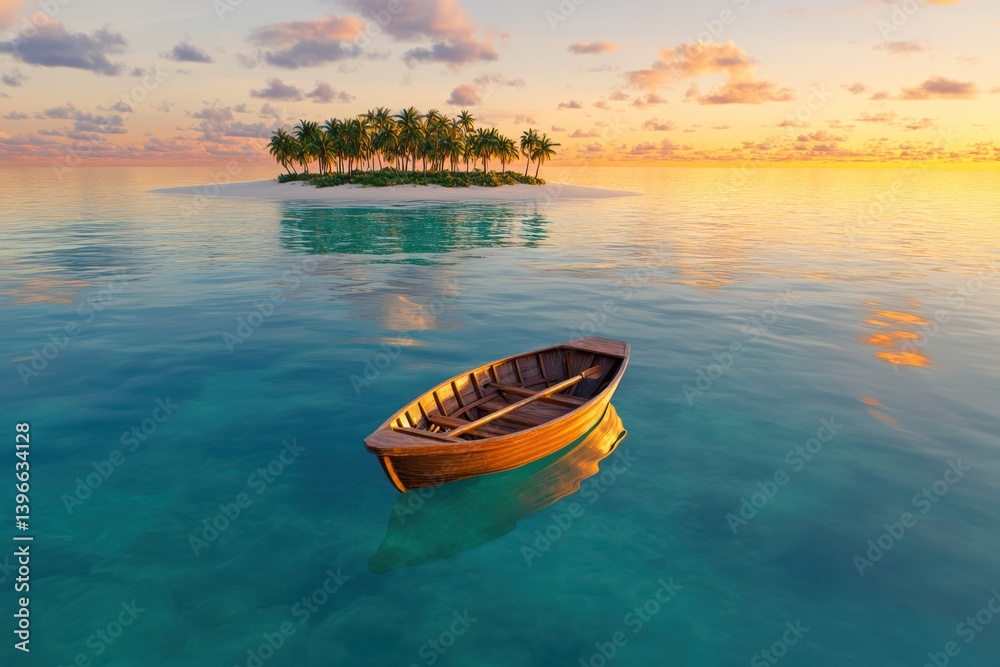 Isolated Island Paradise: Small palm-lined island in vast ocean with vibrant sunset sky, rowboat with lone adventurer, evoking isolation, peace, and adventure