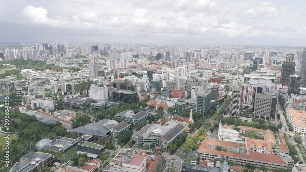 Singapore, drone view, greenery and building, cloudy day Singapore, drone view, greenery and building, cloudy day