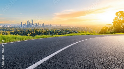 A winding suburban road leading toward a distant glowing city skyline, Suburban Sunset of City Skylines