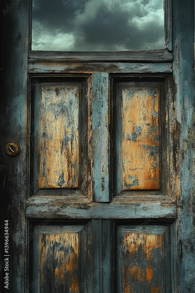 Old weathered door with peeling paint and cloudy sky seen through windows. Old weathered door with peeling paint and cloudy sky seen through windows.