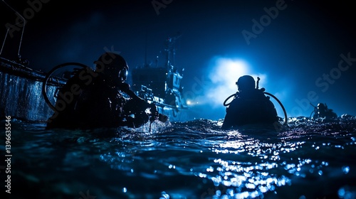 Night Operation: Silhouette of Navy SEALs Emerging from the Water