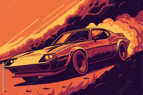 Classic Muscle Car Burning Rubber Illustration