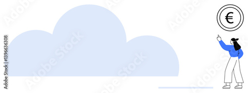 Woman pointing at Euro coin over faint cloud, suggesting cloud savings, finance innovation, or digital transactions. Ideal for fintech, banking, innovation, saving, investment e-commerce cloud