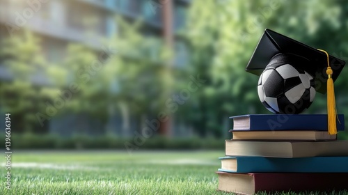 Soccer Ball with Graduation Cap on Books Symbolizing Sports Scholarship Success