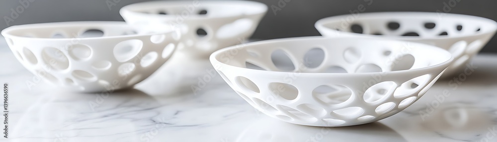 White ceramic bowls with decorative holes, marble background White ceramic bowls with decorative holes, marble background
