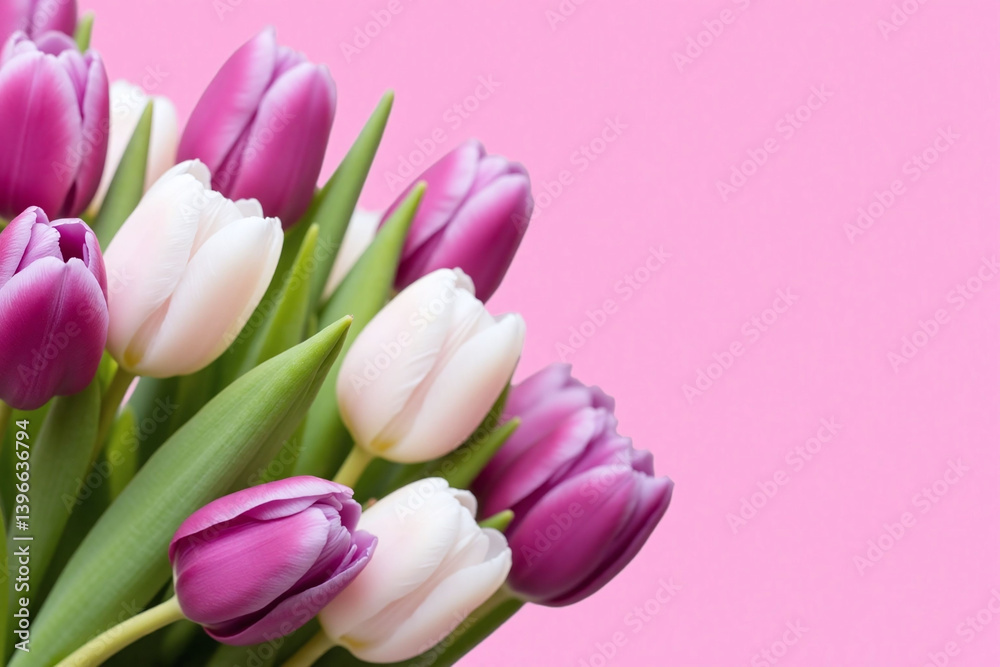 bouquet of purple and white tulips on a pink background bouquet of purple and white tulips on a pink background