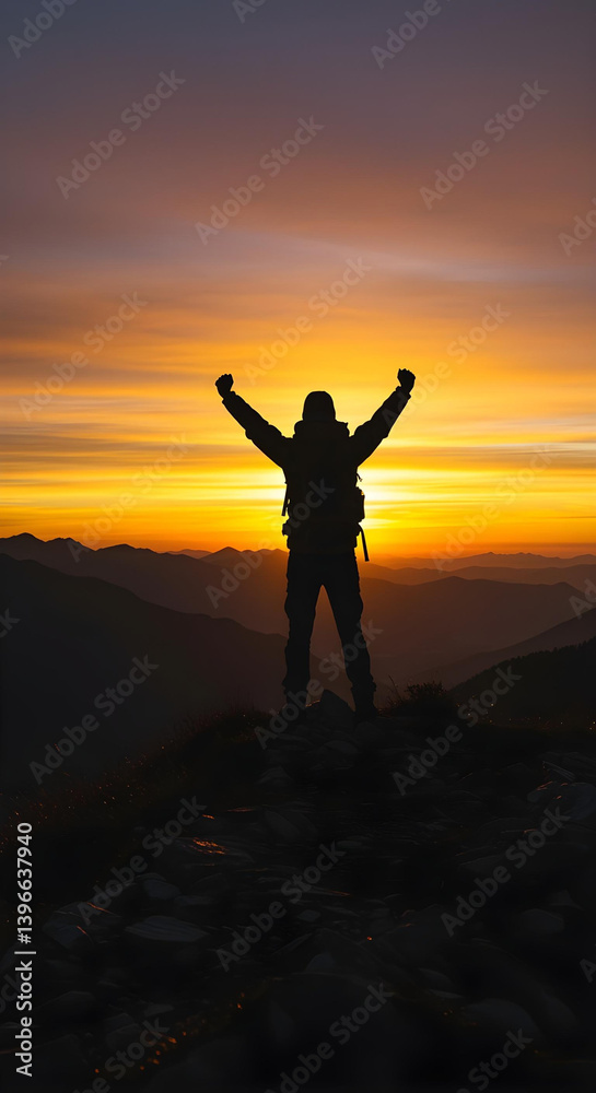 Hiker stands triumphantly on a mountain peak at sunrise with a vibrant golden-crimson sky. Hiker stands triumphantly on a mountain peak at sunrise with a vibrant golden-crimson sky.