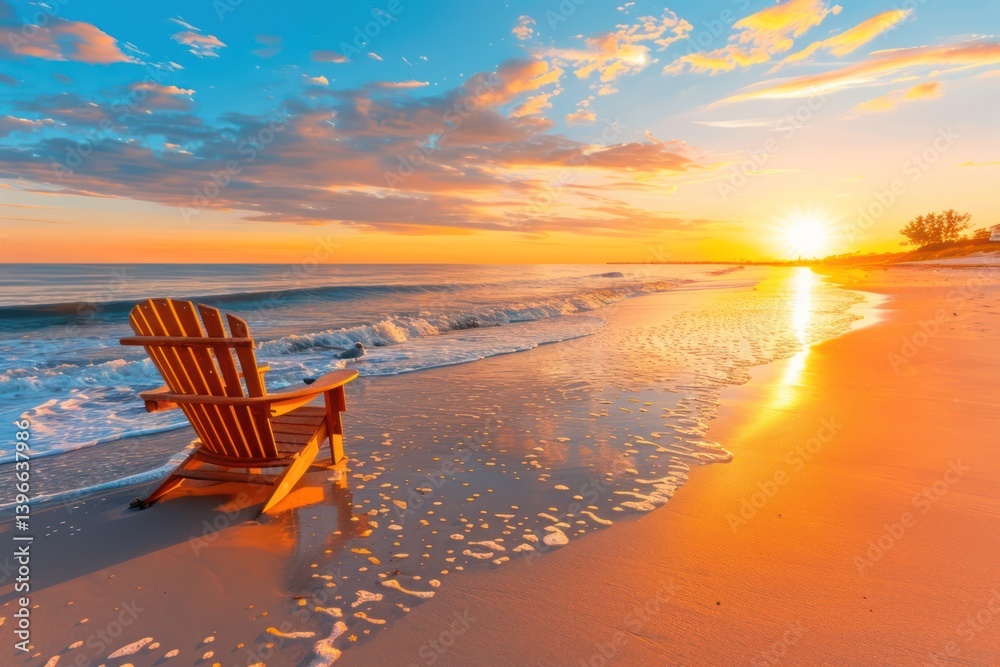 Tranquil beach sunset with golden sands, crystal blue waters, lone beach chair, seagulls playing, palm tree swaying in gentle breeze. A serene escape.