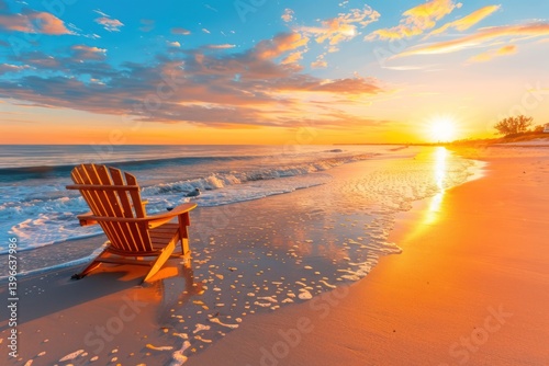 Obraz na płótnie Tranquil beach sunset with golden sands, crystal blue waters, lone beach chair, seagulls playing, palm tree swaying in gentle breeze. A serene escape. w salonie
