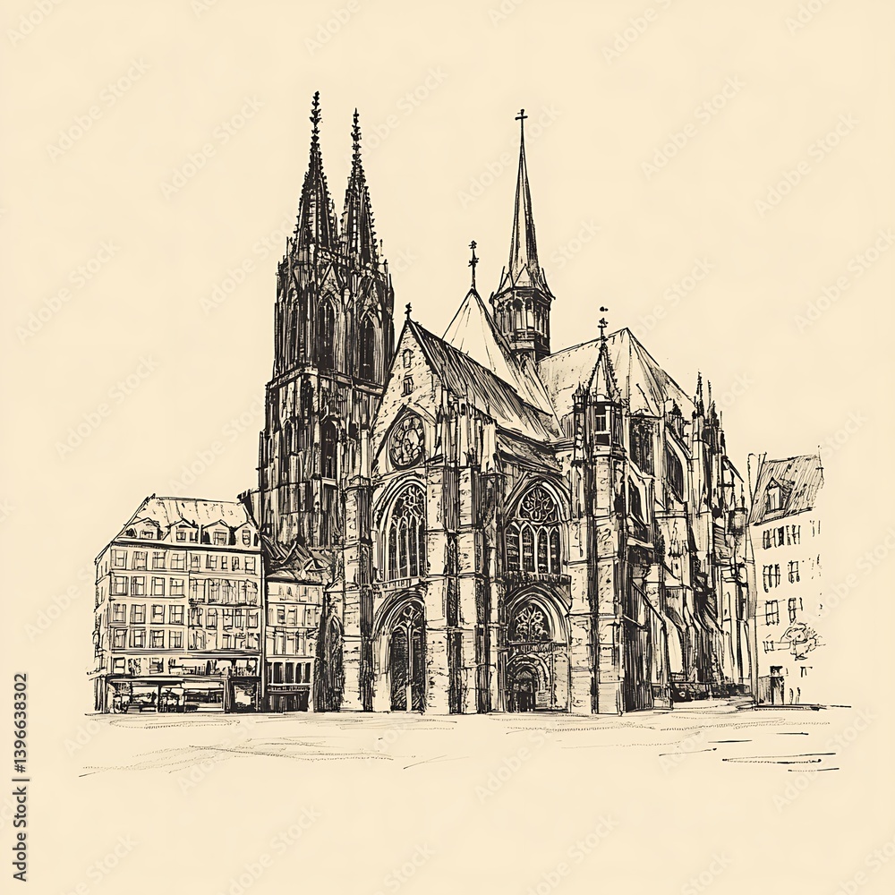 Fototapeta premium Pen sketch of a Gothic cathedral and adjacent buildings.