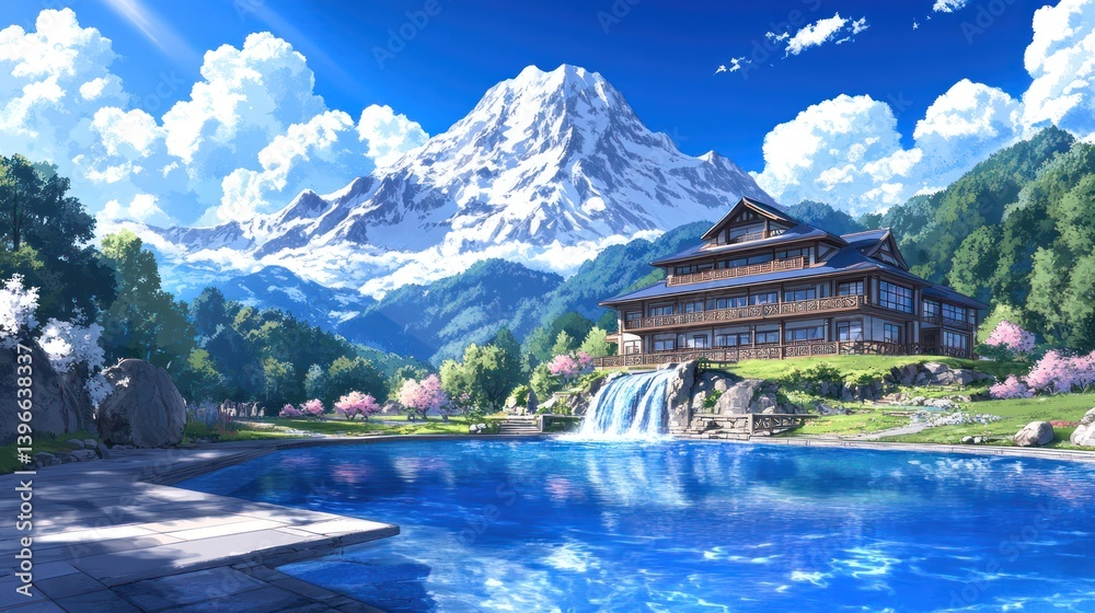 Tranquil Mountain Top Oasis with Waterfall, Pond, and Cabin Surrounded by Rocky Peaks. Serene Landscape with Wooden Bridge, Rocking Chair, and Blooming Flowers. Peaceful Retreat in Nature's Beauty.