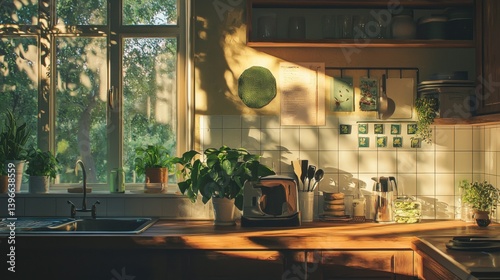 Bright and Inviting Kitchen Scene with Sunlit Countertops, Lush Green Plants and Warm Wood Accents Creating a Cozy Atmosphere for Culinary Inspiration and Everyday Comfort