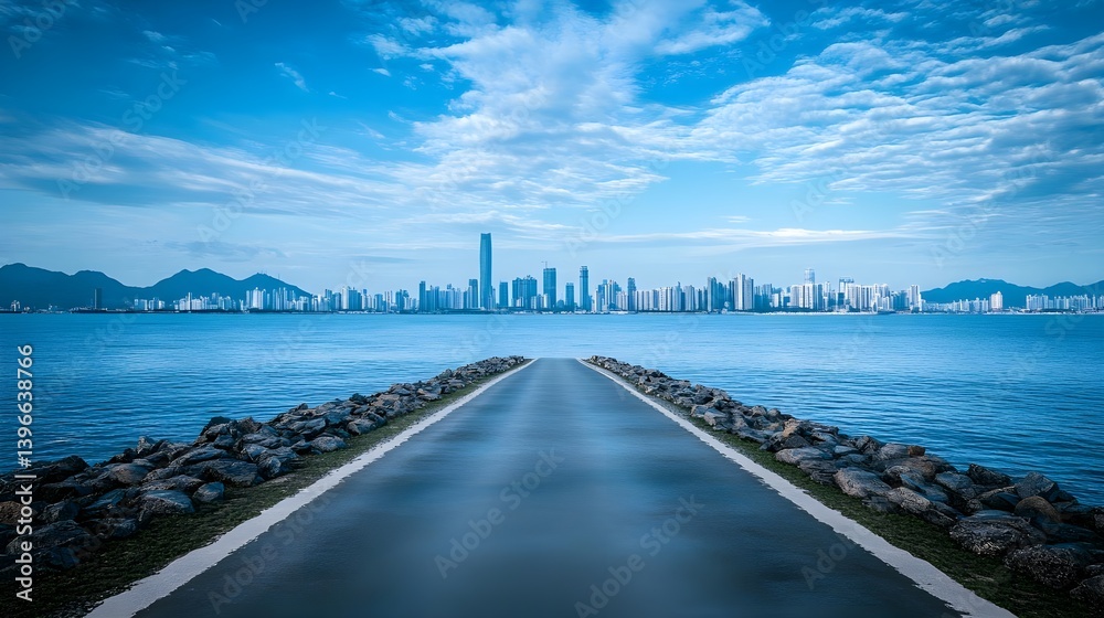 Fototapeta premium Distant View of City Skyline Against Serene Sky and Sea