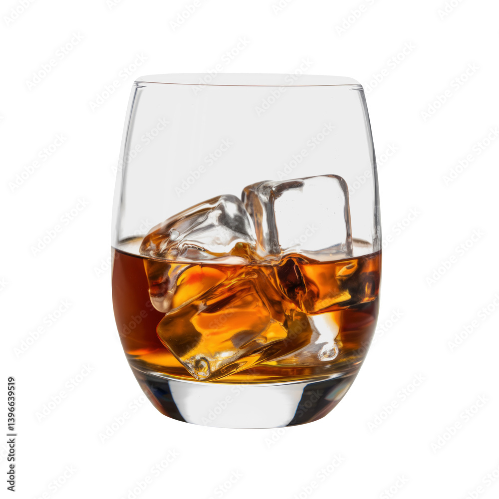 whiskey with ice cubes in glass on white background whiskey with ice cubes in glass on white background