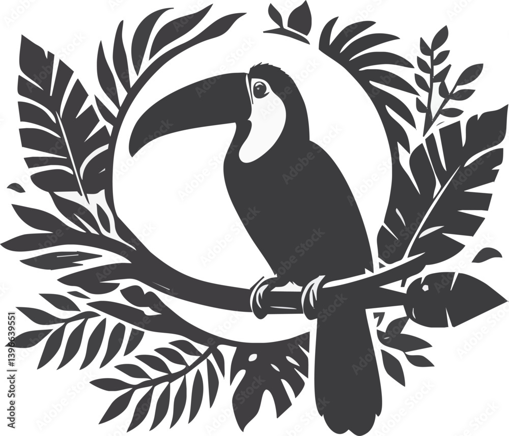 Obraz premium Silhouette Toucan Perched Amidst Lush Foliage: A striking silhouette of a toucan, with its distinctive large beak, is perched on a branch amidst a wreath of detailed, verdant leaves.