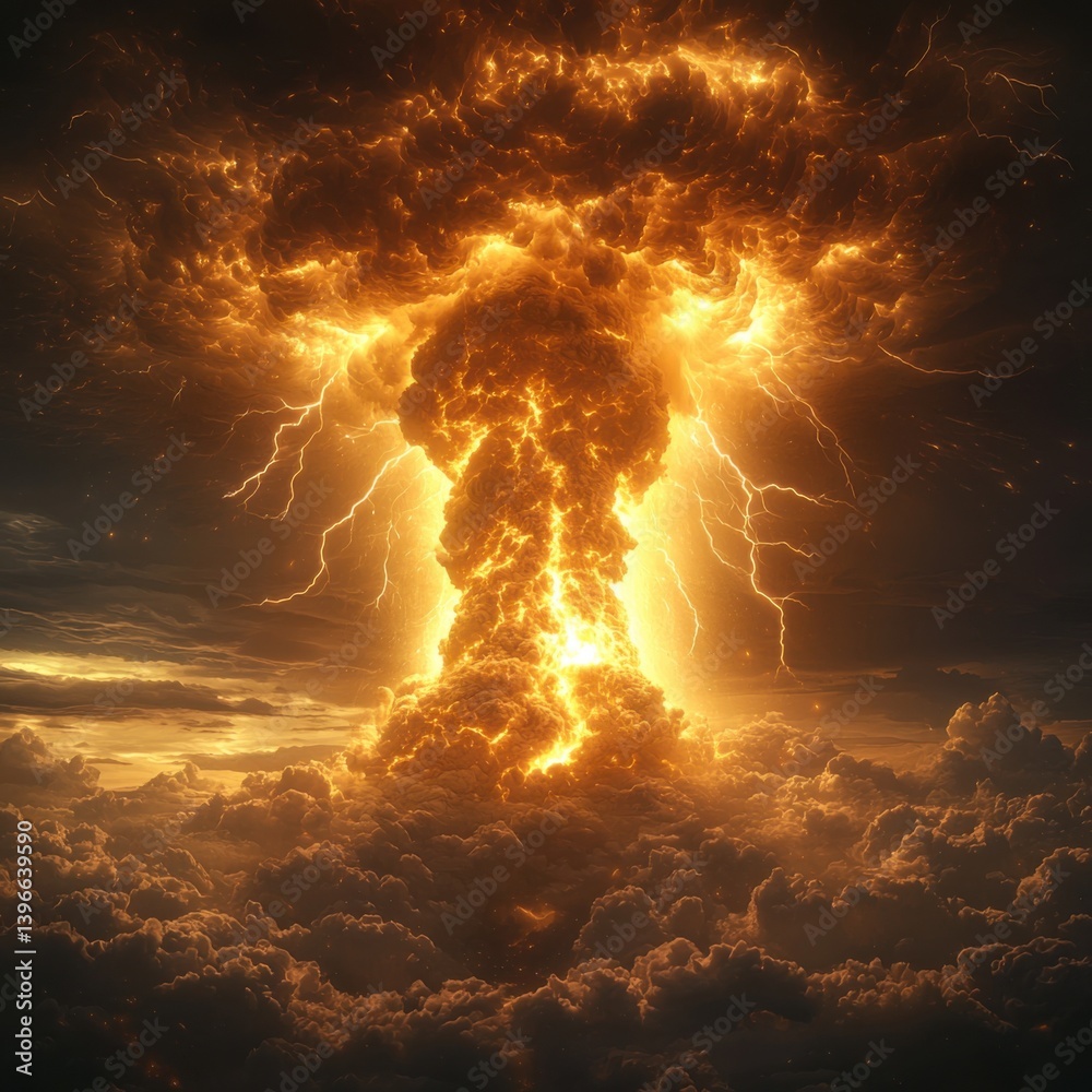 Obraz premium Dramatic Nuclear Explosion with Fiery Clouds and Lightning: A Stunning High-Contrast Visualization Capturing the Power of Nature and Man-made Forces in a Dark Atmospheric Setting