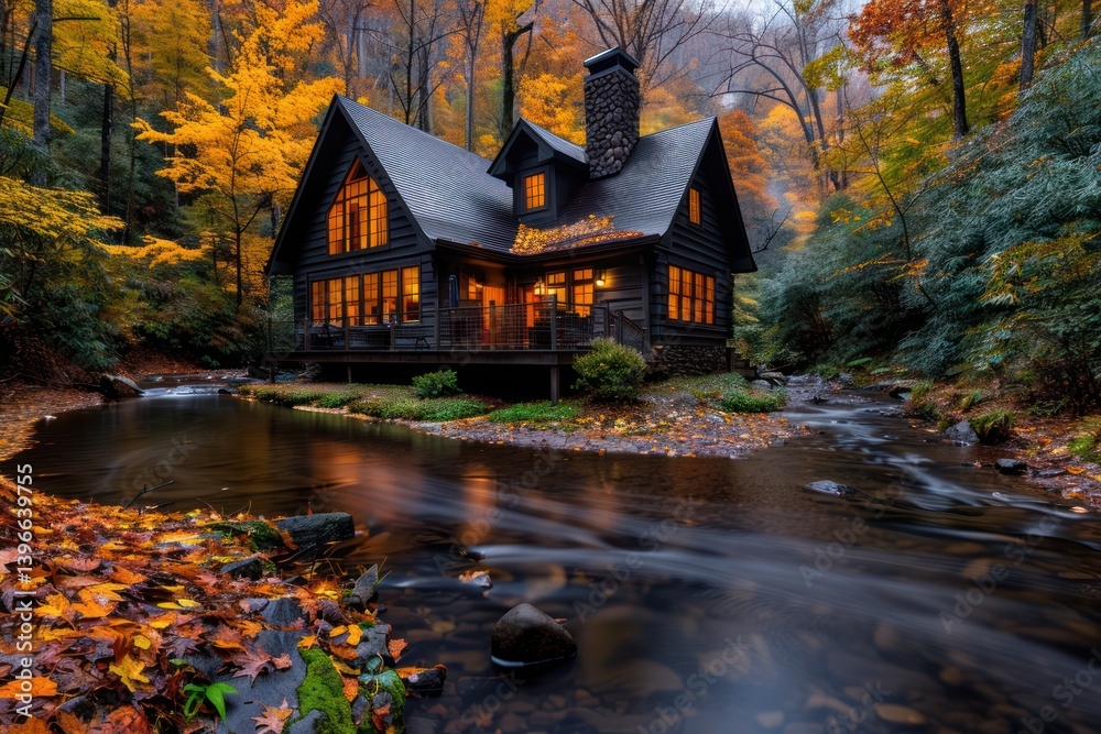 Serene Autumn Landscape: Vibrant Foliage, Stream, Cozy Wooden Cabin. Peaceful, Tranquil Setting with Colorful Trees, Chimney Smoke, Rocking Chairs, Warm Glow.