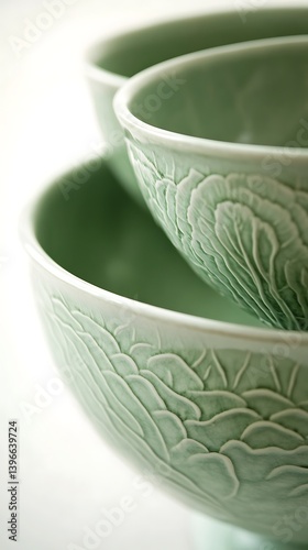 Wallpaper Mural Close-up of stacked green ceramic bowls with carved leaf patterns.  Possible use  Display of handcrafted tableware Torontodigital.ca