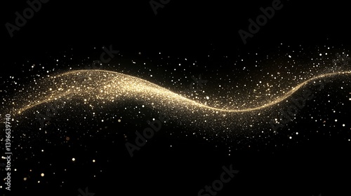 黒い背景と金色に輝くキラキラした粒子が波の様に舞うCG画像	