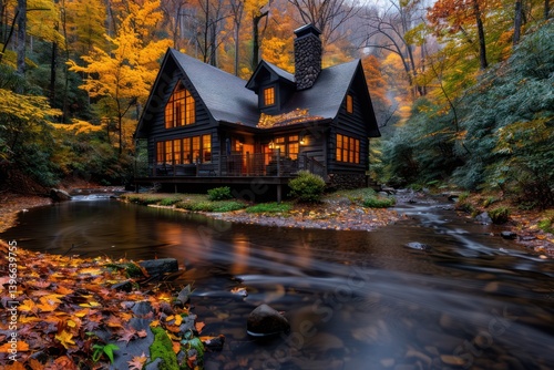 Obraz na płótnie Serene Autumn Landscape: Vibrant Foliage, Stream, Cozy Wooden Cabin. Peaceful, Tranquil Setting with Colorful Trees, Chimney Smoke, Rocking Chairs, Warm Glow. w salonie