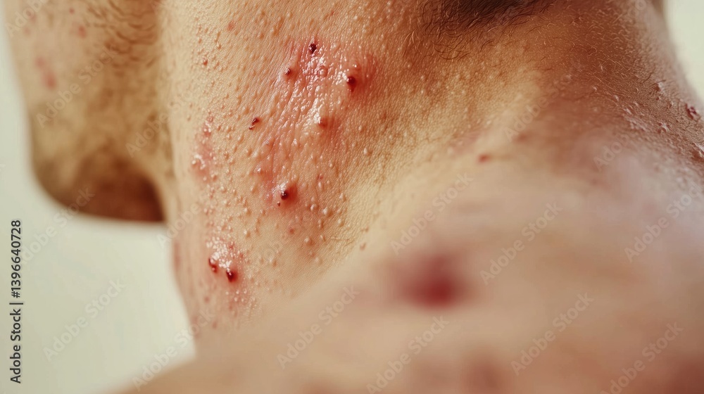 Fototapeta premium Closeup of red pustules on the neck skin. Acne. Redness. Pimples