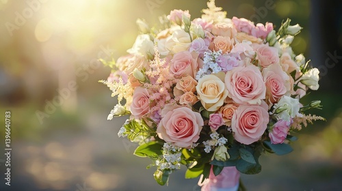 Elegant Handmade Wedding Bouquet with Pink Roses and Seasonal Flowers Perfect for Realistic Photography or Event Decorations