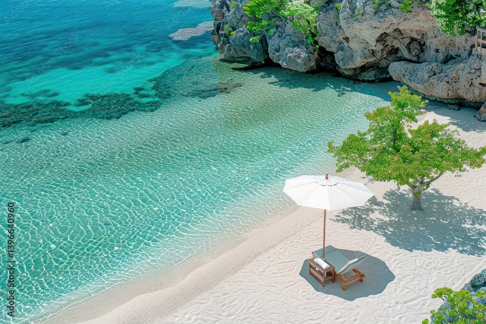 Tranquil Tropical Beach Escape: Clear Turquoise Waters, White Sand, Palm Trees, Beach Umbrella, and Chair - Relax and Unwind in Paradise