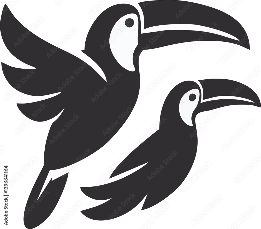 Obraz premium Tropical Toucans Duo: A pair of simplified toucan illustrations showcases the vibrant tropical avian, perfectly isolated against a clean backdrop.
