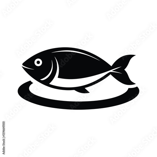 Black and white whole fish prepared on a plate in culinary line drawing on white background.eps