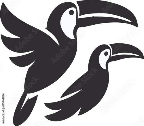 Tropical Toucans Duo: A pair of simplified toucan illustrations showcases the vibrant tropical avian, perfectly isolated against a clean backdrop.