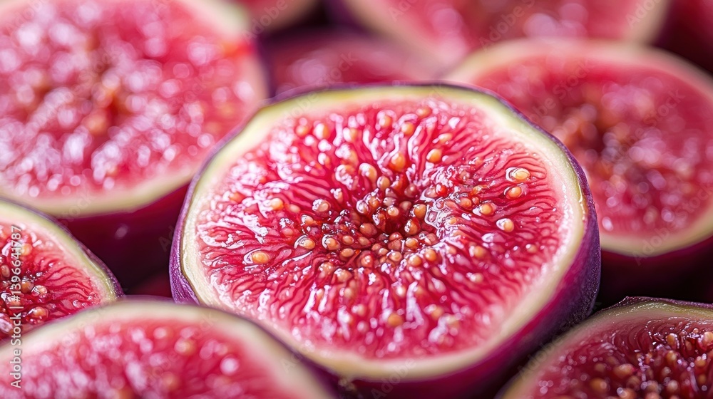 Close-up view of sliced figs, showcasing vibrant red and purple flesh with seeds. Close-up view of sliced figs, showcasing vibrant red and purple flesh with seeds.