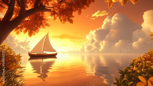 Boat sailing across a calm lake at sunset with only the orange sky retaining its color in the composition