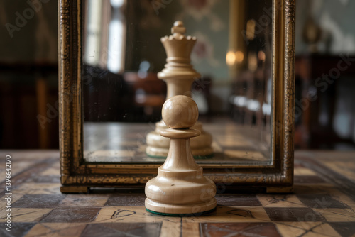 Chess pawn in a mirror reflecting himself as a king