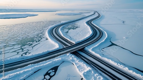 Top-down aerial of an icy road weaving through frozen lakes and snowfields, with cracked ice details and vast snowy plains—surreal, serene, and Ultra HD.