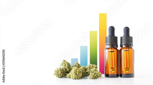 Obraz na płótnie Cannabis in legalization market concept. Bottles of oil with cannabis and growth charts, symbolizing trends in the wellness industry. w salonie