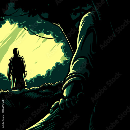 Man in Coat, Mysterious Forest Scene