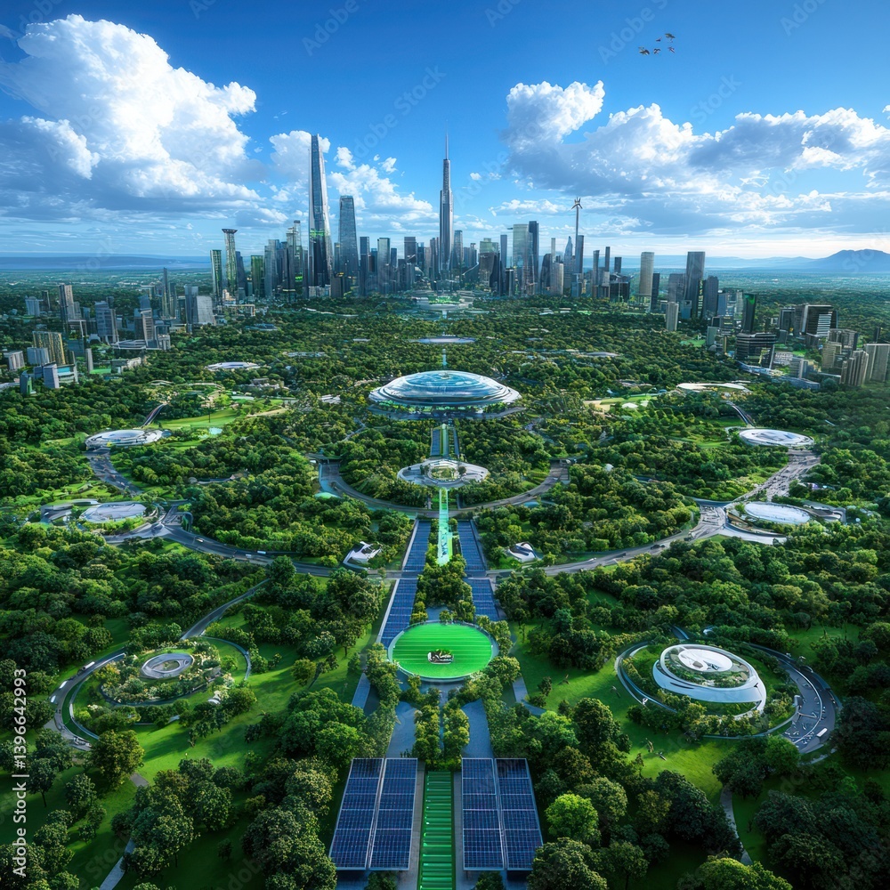 Harmony of Nature and Technology: Serene Forest and Cityscape with Sustainable Elements, Symbolizing Balance and Hope for a Bright Future